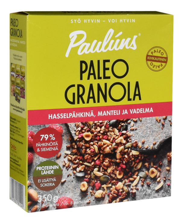 Paulúns Paleo granola hasselpähkinä, manteli ja vadelma
