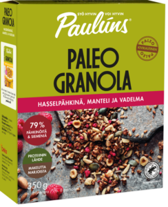 Paulúns hasselpähkinä, manteli ja vadelma paleo granola