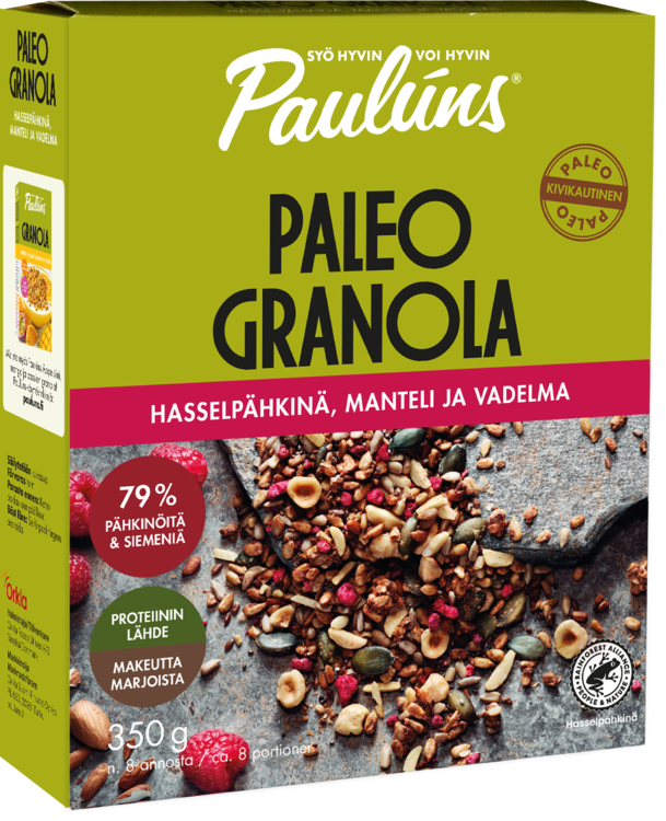 Paulúns hasselpähkinä, manteli ja vadelma paleo granola